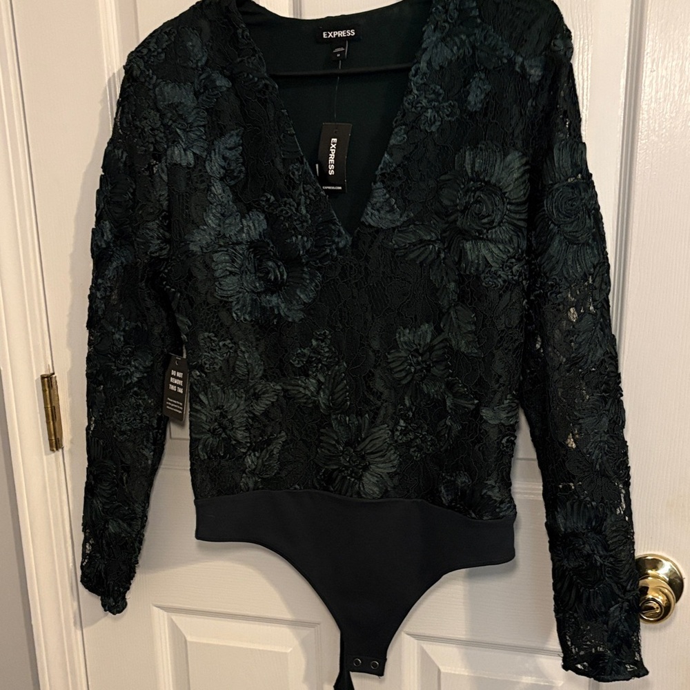 Express Women's Dark Green Lace Bodysuit